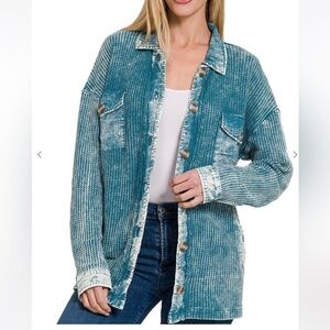 Zenana cotton waffle acid washed shacket in teal